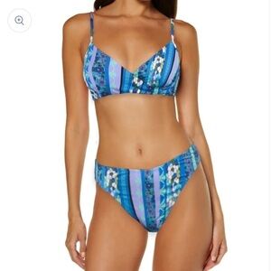 Lucky Brand Bikini Set High Rise Blue Floral Geometric Medium New Beachy Vacay